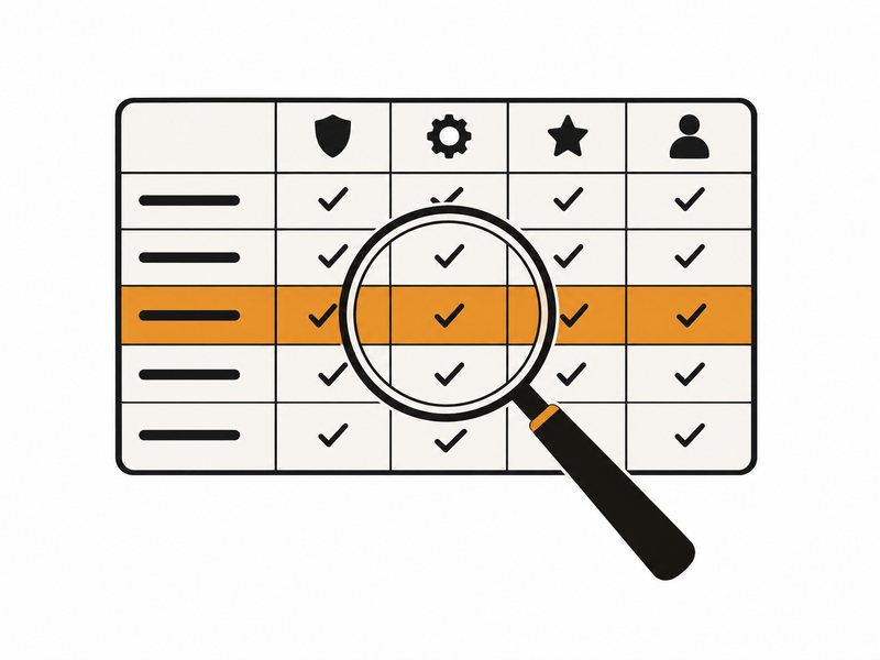 Illustration of a magnifier over a comparison table with one highlighted row