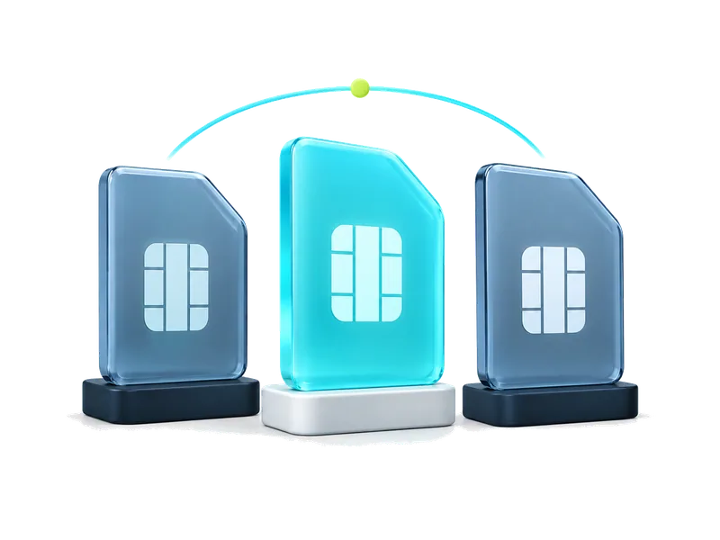 Abstract illustration of three data cards beneath a cyan signal arc